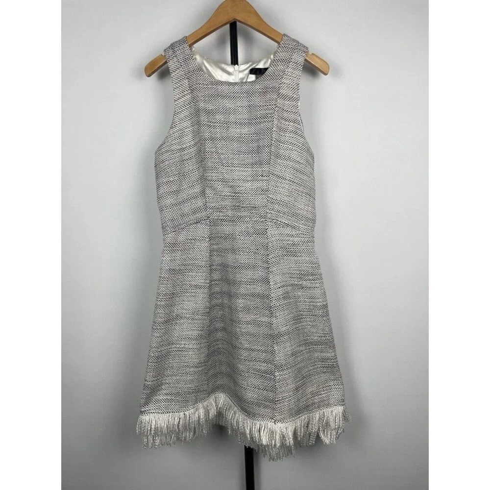 Aqua Gray White Tweed Sleeveless Fringe Hem‎ Fit & Flare Dress Size S